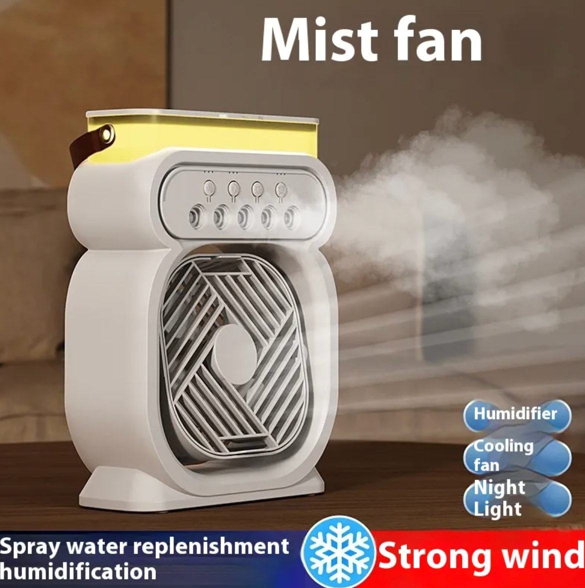 Portable 3-in-1 Mist Fan & Air Cooler - LED Night Light & Humidifier