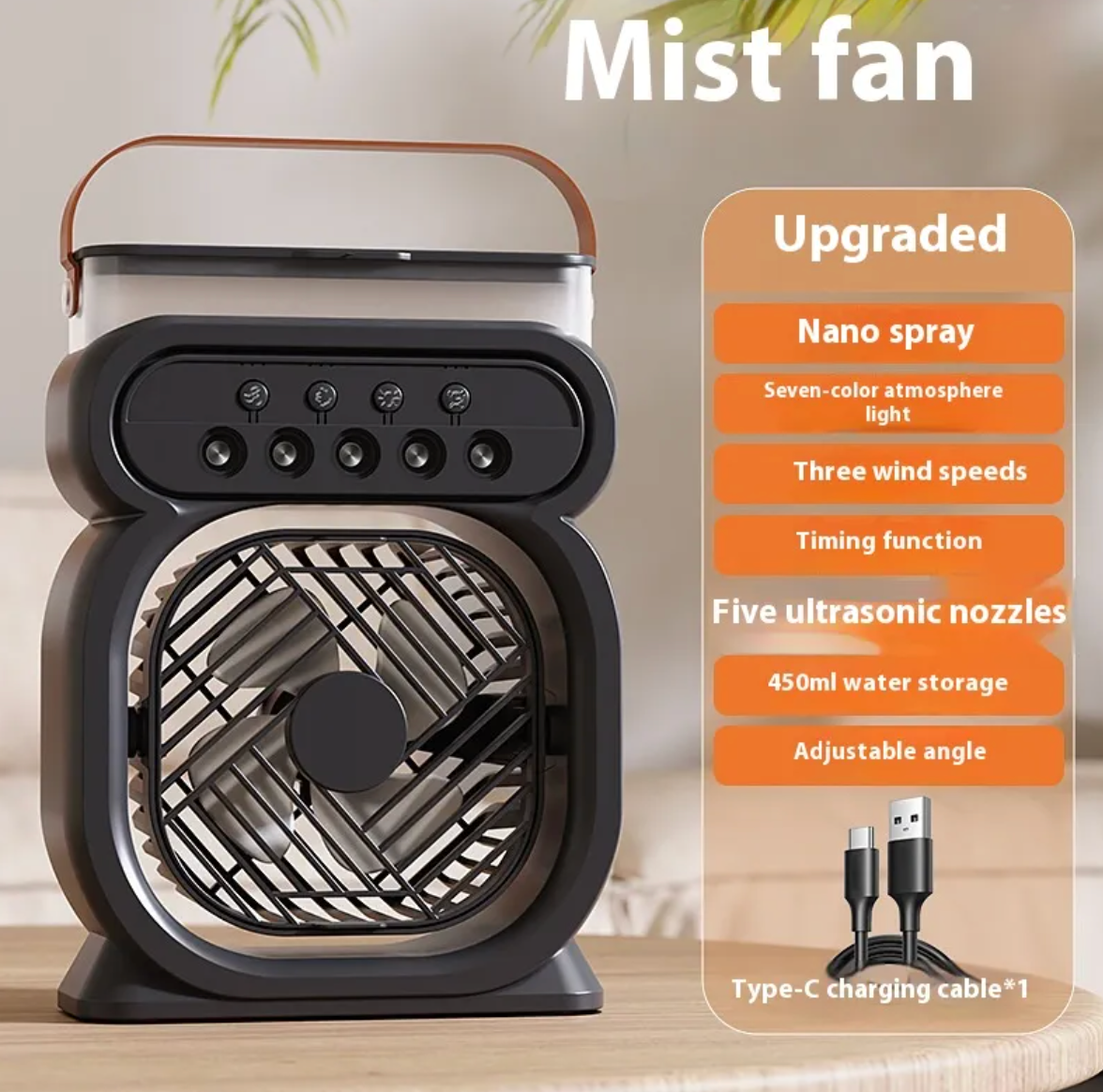 Portable 3-in-1 Mist Fan & Air Cooler - LED Night Light & Humidifier