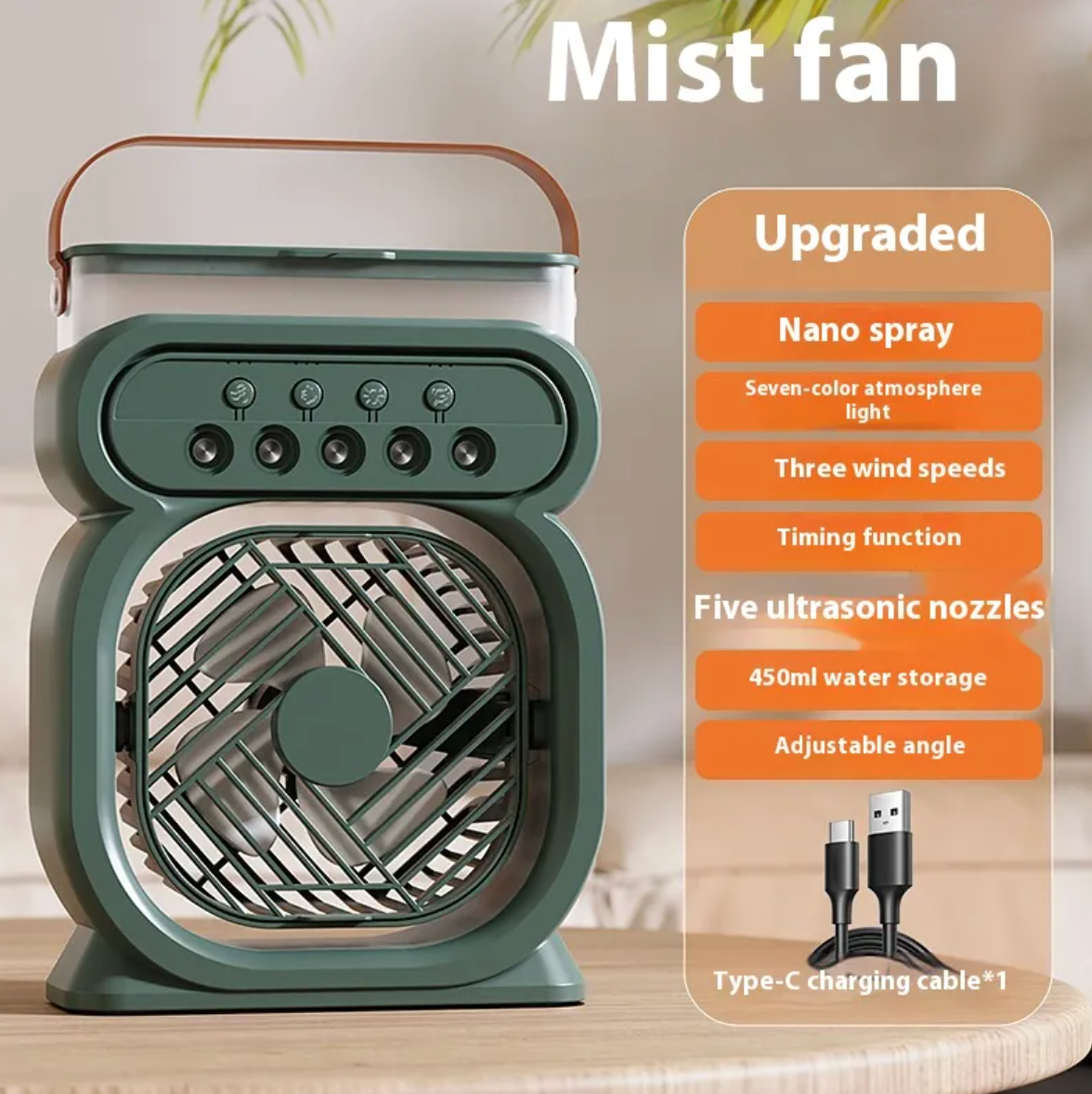 Portable 3-in-1 Mist Fan & Air Cooler - LED Night Light & Humidifier