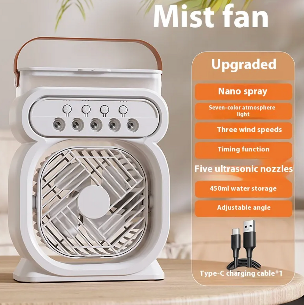 Portable 3-in-1 Mist Fan & Air Cooler - LED Night Light & Humidifier