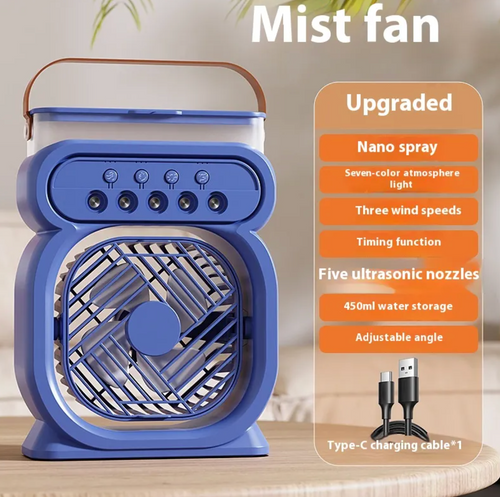 Portable 3-in-1 Mist Fan & Air Cooler - LED Night Light & Humidifier