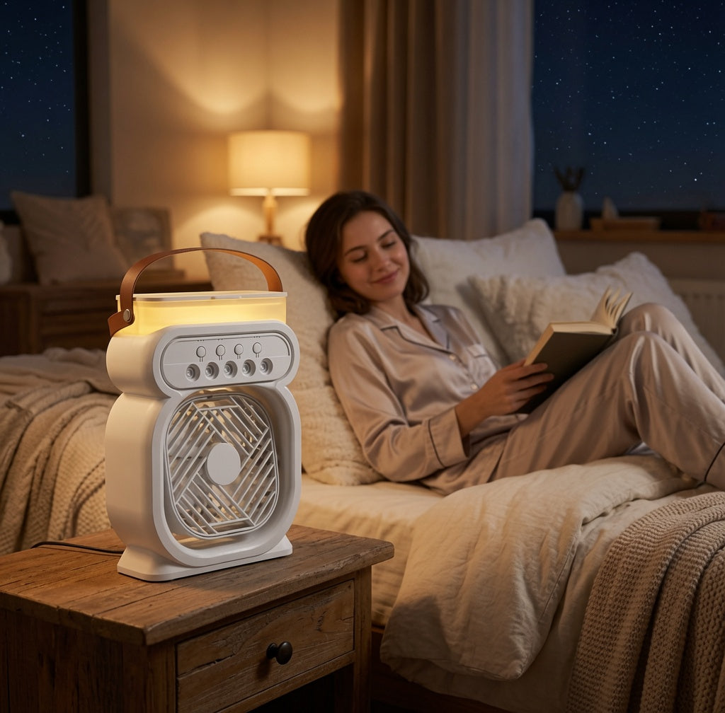 Portable 3-in-1 Mist Fan & Air Cooler - LED Night Light & Humidifier