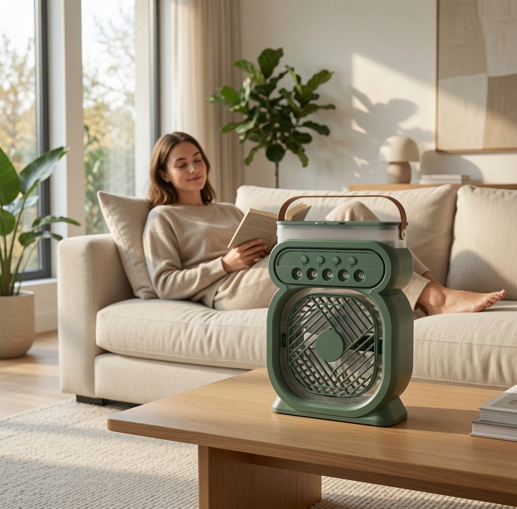 Portable 3-in-1 Mist Fan & Air Cooler - LED Night Light & Humidifier