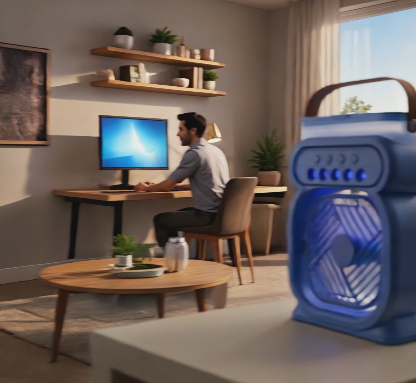 Portable 3-in-1 Mist Fan & Air Cooler - LED Night Light & Humidifier