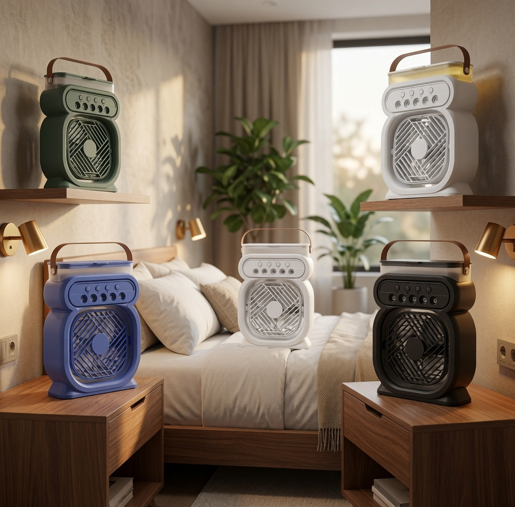 Portable 3-in-1 Mist Fan & Air Cooler - LED Night Light & Humidifier